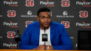 Newly signed Cincinnati Bengals offensive tackle Orlando Brown Jr. gives his first press conference