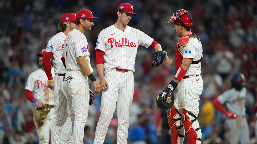 Mar 31, 2026; Philadelphia, Pennsylvania, USA; Philadelphia Phillies starting pitcher Andrew Painter (24) reacts with teammates before being removed from the game against the Washington Nationals in the sixth inning at Citizens Bank Park. Mandatory Credit: Kyle Ross-Imagn Images