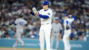 Apr 15, 2025; Los Angeles, California, USA; Los Angeles Dodgers starting pitcher Landon Knack (42) reacts at the end of the second inning against the Colorado Rockies at Dodger Stadium. All players wore #42 for Jackie Robinson Day. Mandatory Credit: Kirby Lee-Imagn Images
