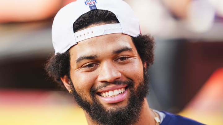 Aug 22, 2024; Kansas City, Missouri, USA; Chicago Bears quarterback Caleb Williams (18) prior to a game against the Kansas City Chiefs at GEHA Field at Arrowhead Stadium. Mandatory Credit: Jay Biggerstaff-USA TODAY Sports