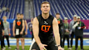 Mar 1, 2025; Indianapolis, IN, USA; Ohio State quarterback Will Howard (QB07) during the 2025 NFL Combine at Lucas Oil Stadium. Mandatory Credit: Kirby Lee-Imagn Images