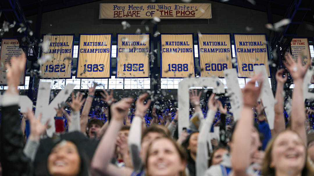 Feb 7, 2026; Lawrence, Kansas, USA; Kansas Jayhawks students throw newspaper prior to a game against the Kansas Jayhawks at Allen Fieldhouse. Feb 7, 2026; Lawrence, Kansas, USA; Kansas Jayhawks students throw newspaper prior to a game against the Kansas Jayhawks at Allen Fieldhouse.