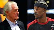 Miami Heat president Pat Riley and  former Miami Heat player Jimmy Butler, now of the Golden State Warriors.