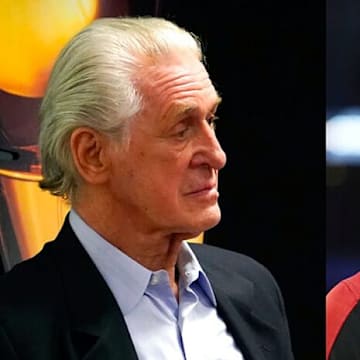 Miami Heat president Pat Riley and  former Miami Heat player Jimmy Butler, now of the Golden State Warriors.