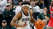 Michigan State Spartans guard Jeremy Fears Jr. dribbles the ball up the floor during a game against the Detroit Mercy Titans at the Breslin Center on Friday, Nov. 21, 2025.