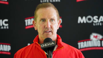 Jul 22, 2024; St. Joseph, MO, USA; Kansas City Chiefs defensive coordinator Steve Spagnuolo talks with media after training camp at Missouri Western State University. Mandatory Credit: Denny Medley-USA TODAY Sports