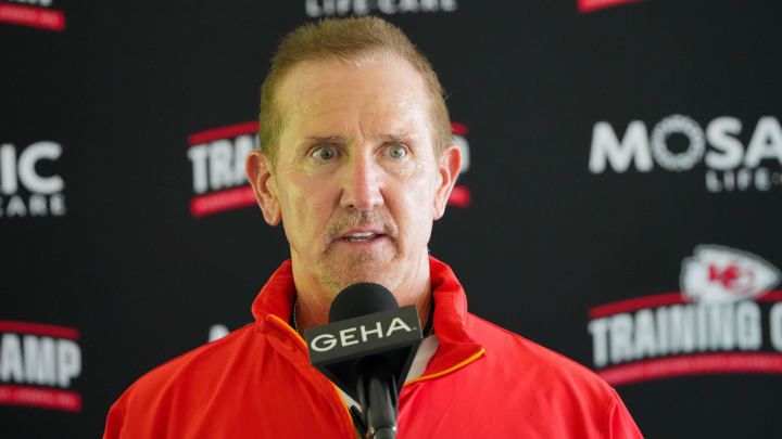 Jul 22, 2024; St. Joseph, MO, USA; Kansas City Chiefs defensive coordinator Steve Spagnuolo talks with media after training camp at Missouri Western State University. Mandatory Credit: Denny Medley-USA TODAY Sports