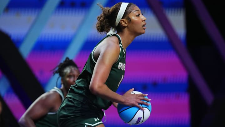 Jan 17, 2025; Miami, FL, USA; Angel Reese (5) of the Rose takes a shot against the Vinyl in the first half of the Unrivaled women’s professional 3v3 basketball league at Wayfair Arena. Mandatory Credit: Jim Rassol-Imagn Images