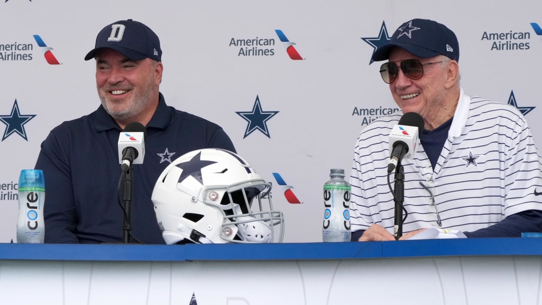 Jul 26, 2022; Oxnard, CA, USA; Dallas Cowboys coach Mike McCarthy (left) and owner Jerry Jones at