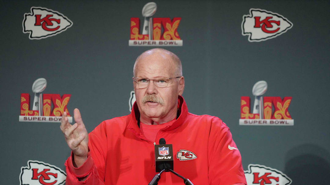 Feb 4, 2025; New Orleans, LA, USA;  Kansas City Chiefs head coach Andy Reid at a press conference in advance of Super Bowl LIX at New Orleans Marriott. Mandatory Credit: Kirby Lee-Imagn Images