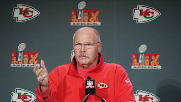 Feb 4, 2025; New Orleans, LA, USA;  Kansas City Chiefs head coach Andy Reid at a press conference in advance of Super Bowl LIX at New Orleans Marriott. Mandatory Credit: Kirby Lee-Imagn Images