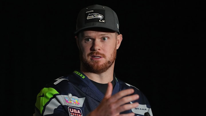 Feb 5, 2026; San Jose, CA, USA; Seattle Seahawks quarterback Sam Darnold (14) talks to media members at the San Jose Marriott. Mandatory Credit: Darren Yamashita-Imagn Images