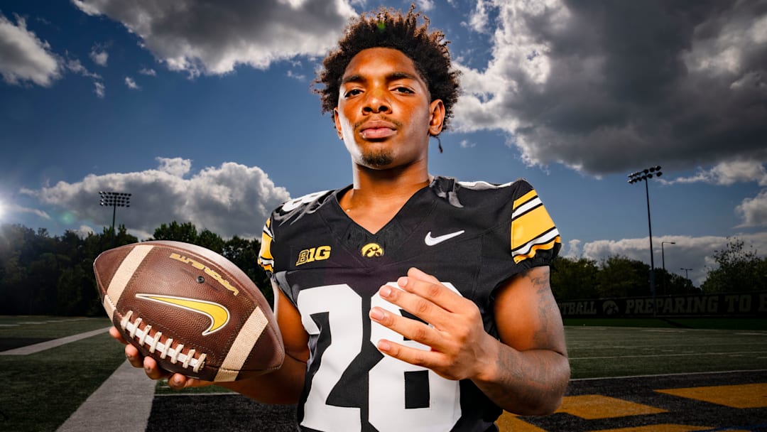 Running back Kamari Moulton stands for a photo during Iowa football media day in Iowa City, Friday, Aug. 9, 2024.