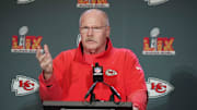 Feb 4, 2025; New Orleans, LA, USA;  Kansas City Chiefs head coach Andy Reid at a press conference in advance of Super Bowl LIX at New Orleans Marriott. Mandatory Credit: Kirby Lee-Imagn Images