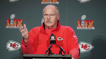 Feb 4, 2025; New Orleans, LA, USA;  Kansas City Chiefs head coach Andy Reid at a press conference in advance of Super Bowl LIX at New Orleans Marriott. Mandatory Credit: Kirby Lee-Imagn Images