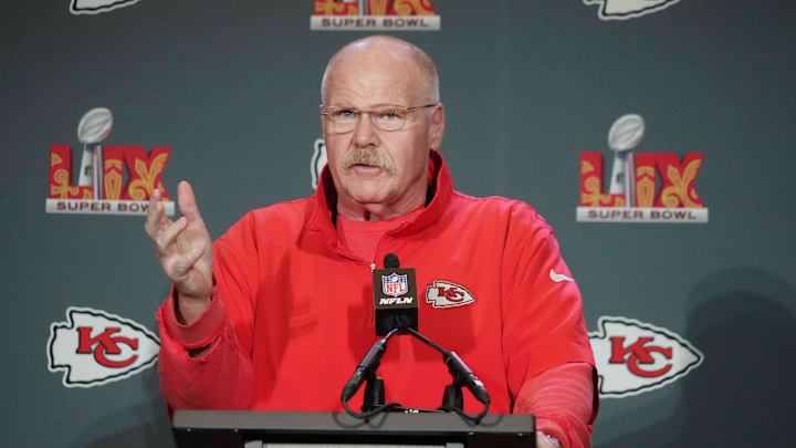 Feb 4, 2025; New Orleans, LA, USA;  Kansas City Chiefs head coach Andy Reid at a press conference in advance of Super Bowl LIX at New Orleans Marriott.