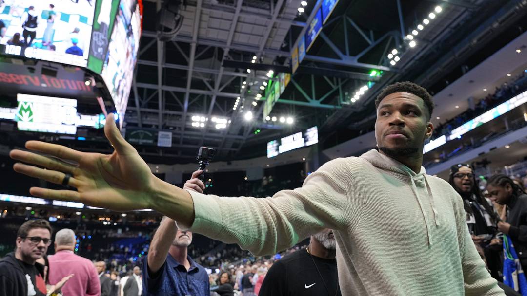 Apr 10, 2026; Milwaukee, Wisconsin, USA;  Milwaukee Bucks forward Giannis Antetokounmpo (34) waves towards fans following the game against the Brooklyn Nets at Fiserv Forum. Mandatory Credit: Jeff Hanisch-Imagn Images