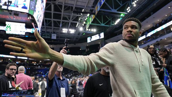 Apr 10, 2026; Milwaukee, Wisconsin, USA;  Milwaukee Bucks forward Giannis Antetokounmpo (34) waves towards fans following the game against the Brooklyn Nets at Fiserv Forum. Mandatory Credit: Jeff Hanisch-Imagn Images