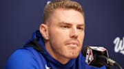 Oct 29, 2025; Los Angeles, California, USA; Los Angeles Dodgers first baseman Freddie Freeman (5) speaks in a press conference before game five of the 2025 MLB World Series against the Toronto Blue Jays at Dodger Stadium. Mandatory Credit: Kirby Lee-Imagn Images