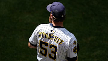 Jul 12, 2025; Milwaukee, Wisconsin, USA;  Milwaukee Brewers pitcher Brandon Woodruff (53) during warmups prior to the game against the Washington Nationals at American Family Field. Mandatory Credit: Jeff Hanisch-Imagn Images