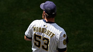 Jul 12, 2025; Milwaukee, Wisconsin, USA;  Milwaukee Brewers pitcher Brandon Woodruff (53) during warmups prior to the game against the Washington Nationals at American Family Field. Mandatory Credit: Jeff Hanisch-Imagn Images