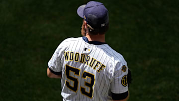 Jul 12, 2025; Milwaukee, Wisconsin, USA;  Milwaukee Brewers pitcher Brandon Woodruff (53) during warmups prior to the game against the Washington Nationals at American Family Field. Mandatory Credit: Jeff Hanisch-Imagn Images