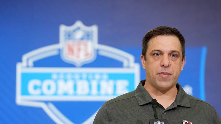 Feb 24, 2026; Indianapolis, IN, USA; Kansas City Chiefs general manager Brett Veach speaks at the NFL Scouting Combine at the Indiana Convention Center. Mandatory Credit: Kirby Lee-Imagn Images