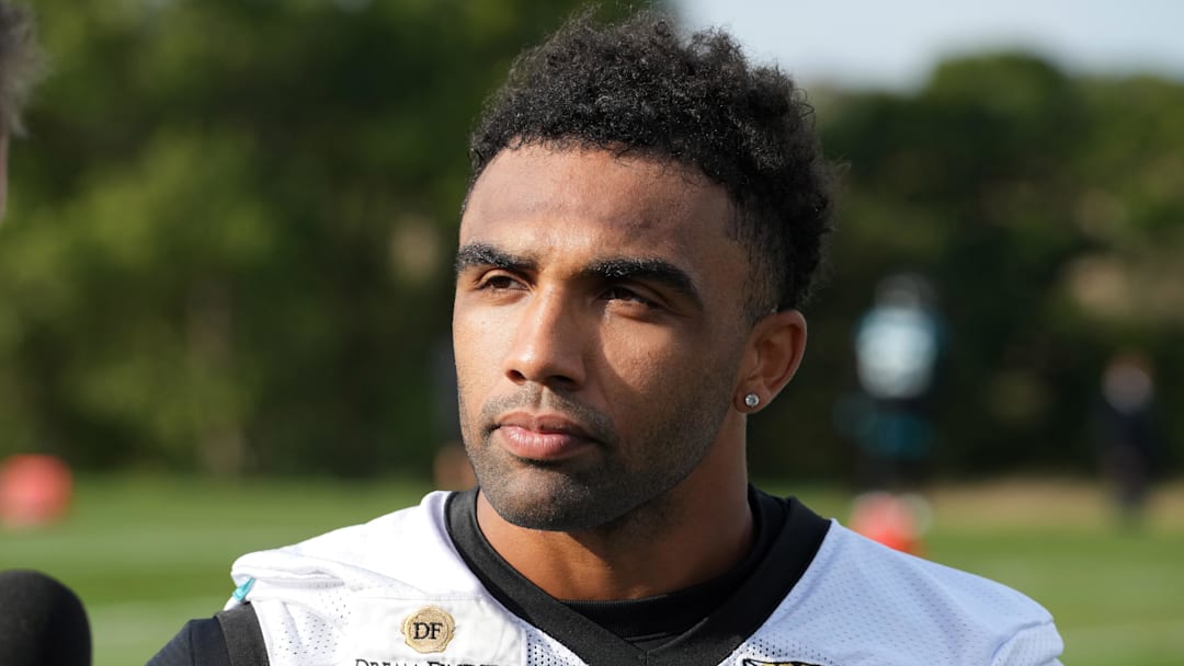 Oct 5, 2023; Ware, United Kingdom; Jacksonville Jaguars wide receiver Christian Kirk (13) reacts during practice at Hanbury Manor Marriott. Mandatory Credit: Kirby Lee-Imagn Images