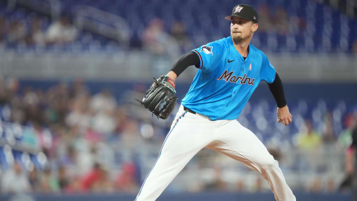 Miami Marlins starting pitcher Braxton Garrett (29) pitches I the first inning against the Philadelphia Phillies at loanDepot Park on May 12.