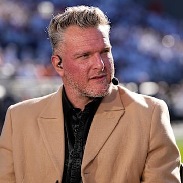 Pat McAfee sits on the ESPN College GameDay set prior to the 2024 game between the Penn State Nittany Lions and the Ohio State Buckeyes at Beaver Stadium.