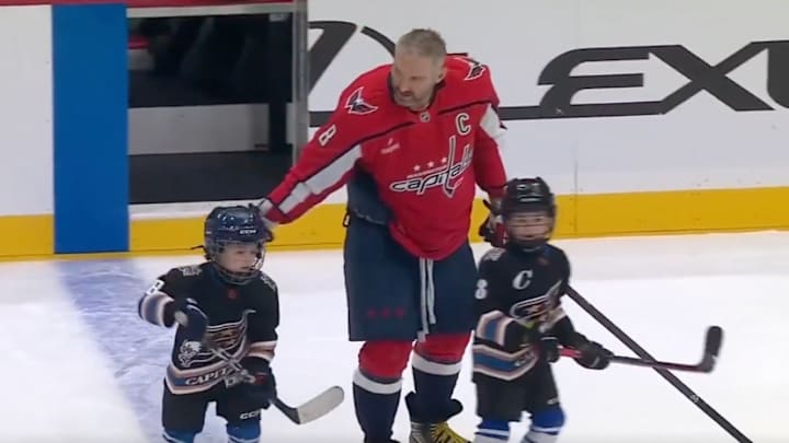 Alex Ovechkin’s sons, Sergei and Ilya, joined the Capitals on the ice for warmups before the game vs. the Jets.