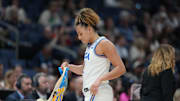 Apr 4, 2025; Tampa, FL, USA;  UCLA Bruins guard Kiki Rice (1) leaves the court during the fourth quarter in a semifinal of the women's 2025 NCAA tournament against the Connecticut Huskies at Amalie Arena. Mandatory Credit: Kirby Lee-Imagn Images