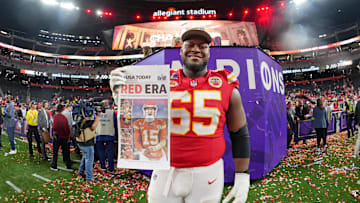 Feb 11, 2024; Paradise, Nevada, USA; Kansas City Chiefs guard Trey Smith (65) poses for a photo after winning Super Bowl LVIII against the San Francisco 49ers at Allegiant Stadium. Mandatory Credit: Kirby Lee-Imagn Images