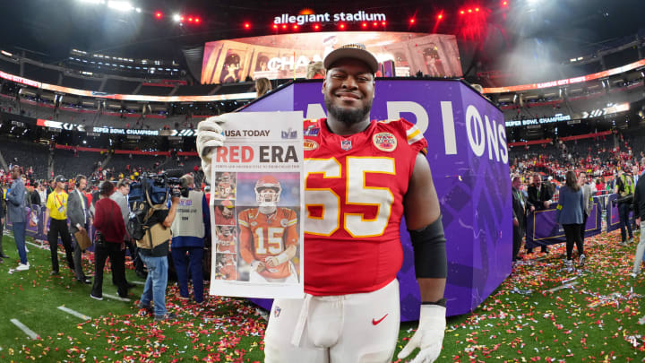 Feb 11, 2024; Paradise, Nevada, USA; Kansas City Chiefs guard Trey Smith (65) poses for a photo after winning Super Bowl LVIII against the San Francisco 49ers at Allegiant Stadium.  