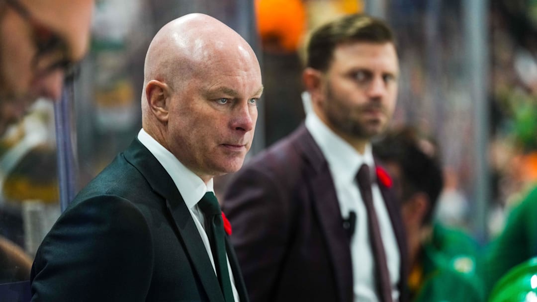 Nov 3, 2024; Saint Paul, Minnesota, USA; Minnesota Wild head coach John Hynes looks on during the third period against the Toronto Maple Leafs at Xcel Energy Center. Mandatory Credit: Brace Hemmelgarn-Imagn Images Nov 3, 2024; Saint Paul, Minnesota, USA; Minnesota Wild head coach John Hynes looks on during the third period against the Toronto Maple Leafs at Xcel Energy Center. Mandatory Credit: Brace Hemmelgarn-Imagn Images