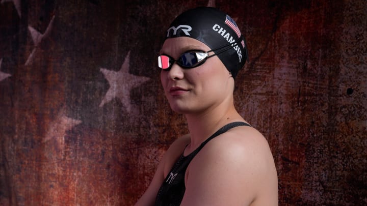 Apr 17, 2024; New York, New York, USA;  Olympic athlete Olivia Chambers poses for a photo at the Team USA Media Summit at Marriott Marquis. Mandatory Credit: Robert Deutsch-USA TODAY Sports