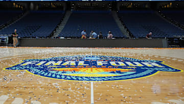 Apr 6, 2025; Tampa, FL, USA; Confetti is seen on the court after the national championship of the women's 2025 NCAA tournament between the South Carolina Gamecocks and the Connecticut Huskies at Amalie Arena. Kirby Lee-Imagn Images