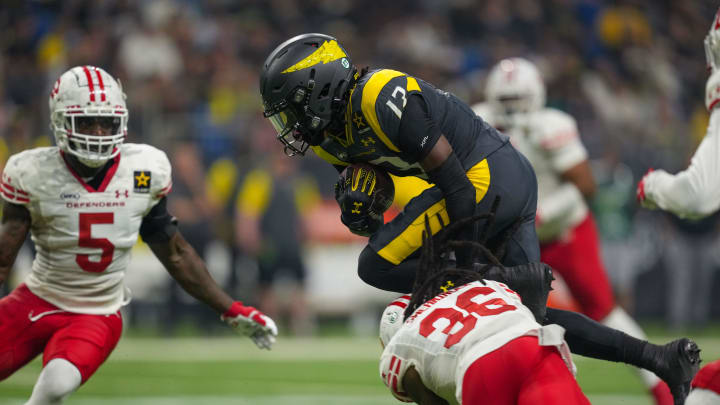 Mar 31, 2024; San Antonio, TX, USA;  San Antonio Brahmas wide receiver Jontre Kirklin (13) goes over DC Defenders safety DJ Swearinger (36) in the first half at The Alamodome. Mandatory Credit: Daniel Dunn-USA TODAY Sports