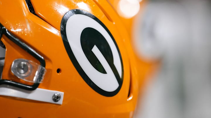 Nov 28, 2024; Green Bay, Wisconsin, USA;  General view of a Green Bay Packers helmet during the game against the Miami Dolphins at Lambeau Field. Mandatory Credit: Jeff Hanisch-Imagn Images