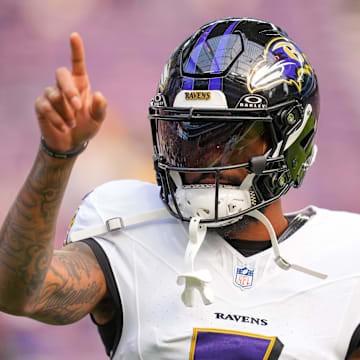 Nov 9, 2025; Minneapolis, Minnesota, USA; Baltimore Ravens wide receiver Rashod Bateman (7) before the game against the Minnesota Vikings at U.S. Bank Stadium. Mandatory Credit: Brad Rempel-Imagn Images
