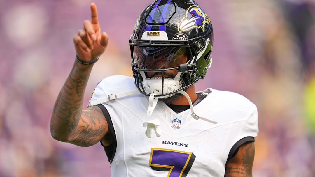 Nov 9, 2025; Minneapolis, Minnesota, USA; Baltimore Ravens wide receiver Rashod Bateman (7) before the game against the Minnesota Vikings at U.S. Bank Stadium. Mandatory Credit: Brad Rempel-Imagn Images