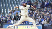 Aug 25, 2025; Milwaukee, Wisconsin, USA; Milwaukee Brewers pitcher Brandon Woodruff (53) delivers a pitch abasing the Arizona Diamondbacks in the first inning at American Family Field. Mandatory Credit: Michael McLoone-Imagn Images