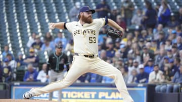 Aug 25, 2025; Milwaukee, Wisconsin, USA; Milwaukee Brewers pitcher Brandon Woodruff (53) delivers a pitch abasing the Arizona Diamondbacks in the first inning at American Family Field. Mandatory Credit: Michael McLoone-Imagn Images