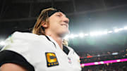 Nov 23, 2025; Glendale, Arizona, USA; Jacksonville Jaguars quarterback Trevor Lawrence (16) looks on after the game against the Arizona Cardinals at State Farm Stadium. Mandatory Credit: Joe Camporeale-Imagn Images