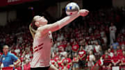 Wisconsin outside hitter Mimi Colyer (15) is shown during their match against Illinois Thursday, October 2, 2025 at the UW Field House in Madison, Wisconsin. Wisconsin beat Illinois 3-0.