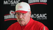 Jul 22, 2025; St. Joseph, MO, USA; Kansas City Chiefs head coach Andy Reid speaks to media after training camp at Missouri Western State University. Mandatory Credit: Denny Medley-Imagn Images