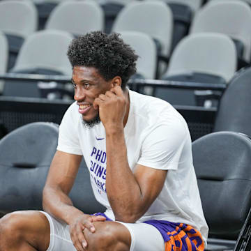 Mar 23, 2024; San Antonio, Texas, USA;  Phoenix Suns forward Thaddeus Young (30) looks on before the game against the San Antonio Spurs at Frost Bank Center. Mandatory Credit: Daniel Dunn-Imagn Images