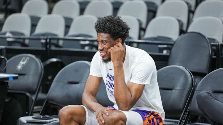 Mar 23, 2024; San Antonio, Texas, USA;  Phoenix Suns forward Thaddeus Young (30) looks on before the game against the San Antonio Spurs at Frost Bank Center. Mandatory Credit: Daniel Dunn-Imagn Images