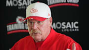 Jul 22, 2025; St. Joseph, MO, USA; Kansas City Chiefs head coach Andy Reid speaks to media after training camp at Missouri Western State University. Mandatory Credit: Denny Medley-Imagn Images