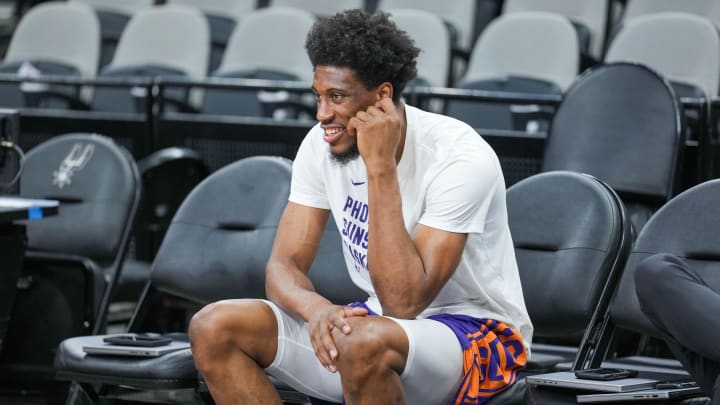 Mar 23, 2024; San Antonio, Texas, USA;  Phoenix Suns forward Thaddeus Young (30) looks on before the game against the San Antonio Spurs at Frost Bank Center.
